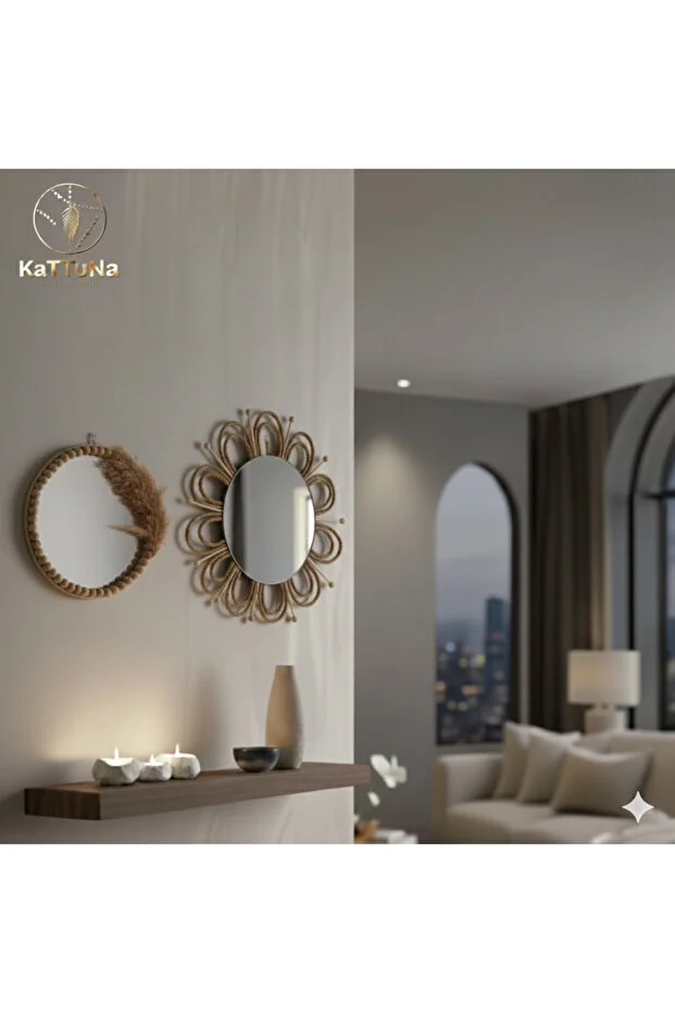 Hasır Örgü Papatya Ve Boncuk Ayna Duvar Dekorasyon Ürünü 3’lü Set